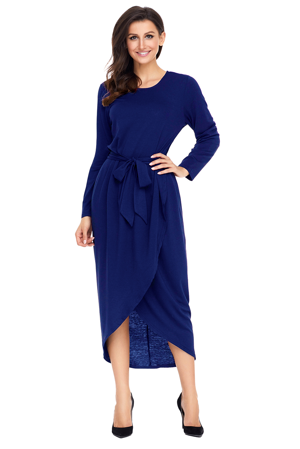 BY61818-5 Navy Tulip Faux Wrap Sash Tie Jersey Dress